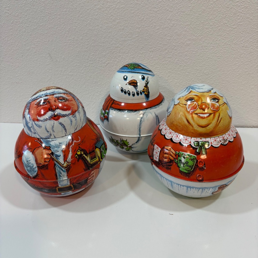 Vintage 1981 Cheinco Christmas Tins Set of 3 Santa‎ Mrs Claus Snowman USA Made